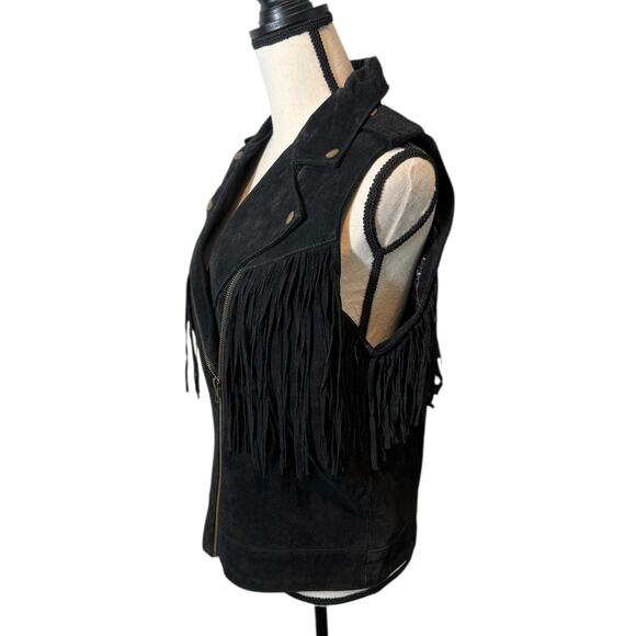 Forever 21 Black Suede Leather Fringe Vest Large‎ Western Biker Rodeo Edgy - Picture 2 of 7